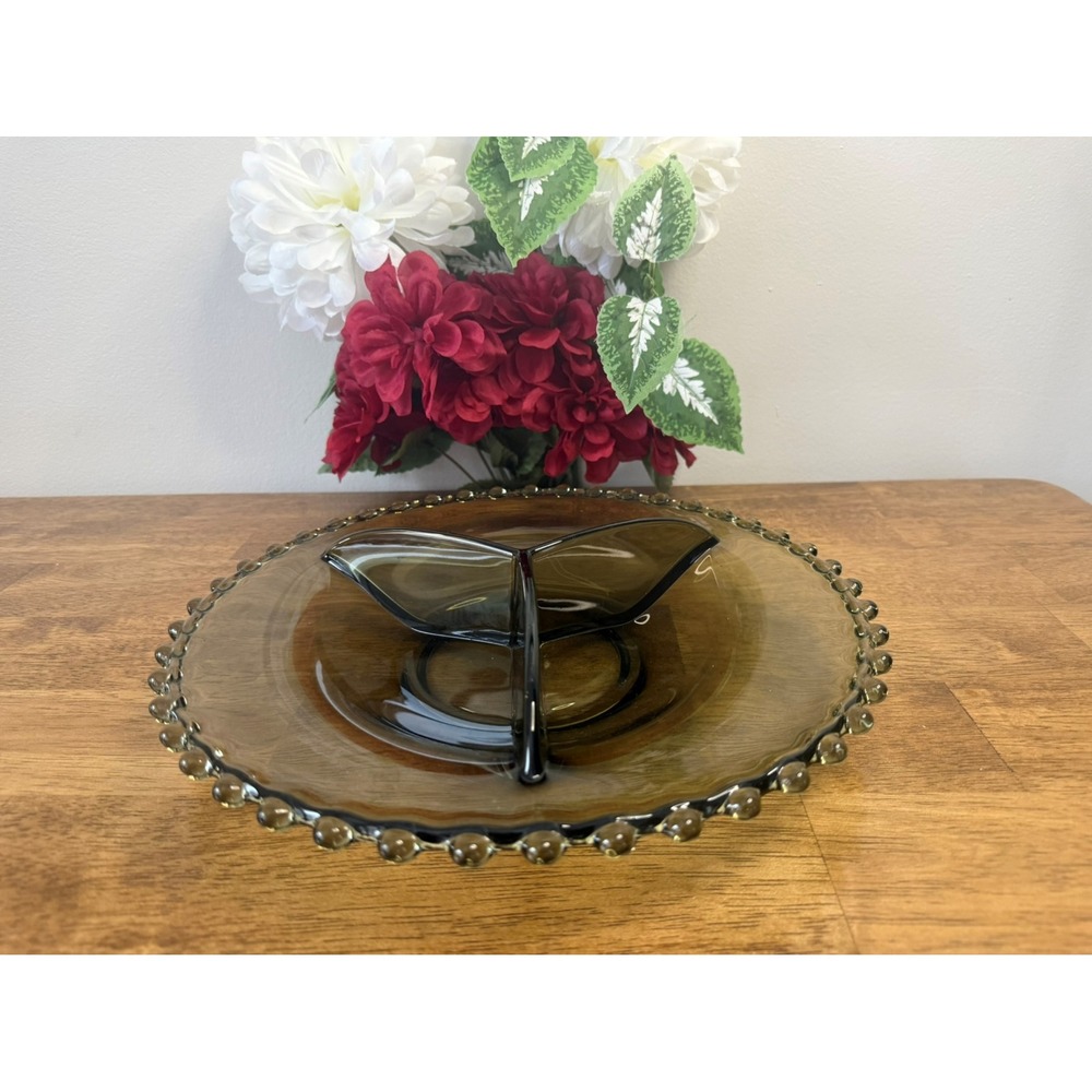 Vintage Imperial Glass Candlewick‎ Smoky Grey Divided Relish Tray MCM Dining